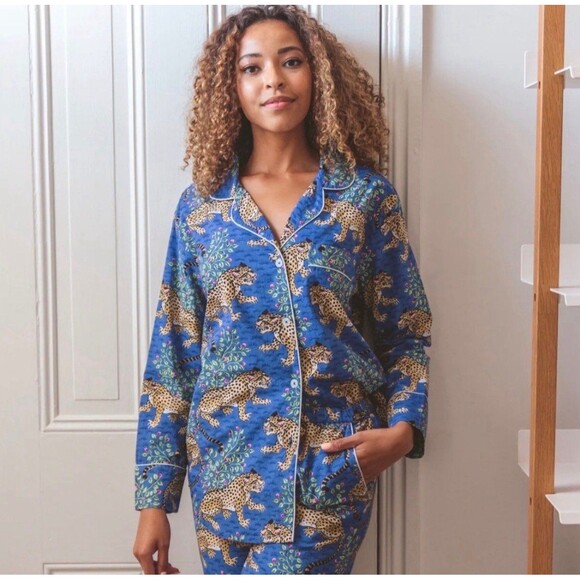 Printfresh Bagheera Leopard Print Saphire 100% Cotton LS Pajama Set Size L NWT - Picture 2 of 6
